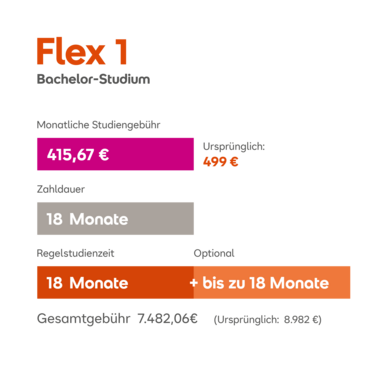 Flex 1 Bachelor-Studium: Monatliche Rate 415,67 €, Laufzeit 18 Monate, Gesamtkosten 7.429,04 € (inkl. 689 g).
