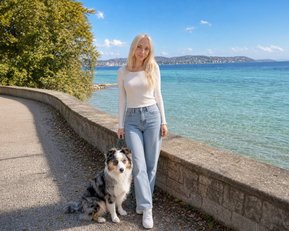 Eine Frau mit langen blonden Haaren steht neben einem Australian Shepherd-Hund an einem Uferweg mit Blick auf das Wasser.