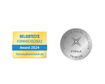 [Translate to Österreichisch:] Beliebteste Fernhochschule 2023 von FernstudiumCheck.de sowie Siegel der FIBAA Akkreditierung