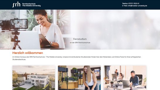 Willkommensseite der SRH Fernhochschule mit Informationen zum Online-Studium, Kontaktmöglichkeiten und Links zu weiteren Ressourcen.