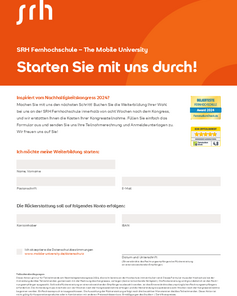 SRH Fernhochschule Formular zur Anmeldung für Weiterbildungen, einschließlich Felder für Name, Adresse, E-Mail und Kontoinformationen. Hinweis auf den Nachhaltigkeitskongress 2024 und Datenschutzbestimmungen.