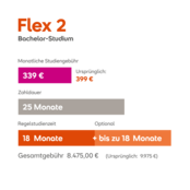Flex 2: Monatliche Rate 339 €, Gesamtkosten 4.675 €, Laufzeit 25 Monate, regulär 18 Monate + bis zu 18 Monate optional.