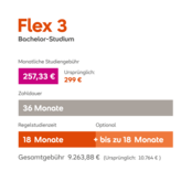 Flex 3 Tarifdetails: Monatlicher Grundpreis 257,33 €, Laufzeit 36 Monate, optional 18 Monate mit Verlängerung um bis zu 18 Monate, Gesamtkosten 5.548,88 €.