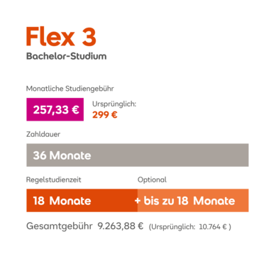 Flex 3 Tarifdetails: Monatlicher Grundpreis 257,33 €, Laufzeit 36 Monate, optional 18 Monate mit Verlängerung um bis zu 18 Monate, Gesamtkosten 5.548,88 €.