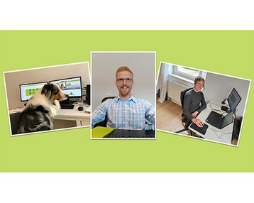 Drei Bilder zeigen verschiedene Personen am Arbeitsplatz: ein Hund sitzt vor einem Computer, ein Mann mit Brille lächelt in die Kamera, und ein weiterer Mann arbeitet an einem Laptop.