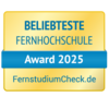 Beliebteste Fernhochschule Award 2025, verliehen von FernstudiumCheck.de. Das Design ist in Gelb und Blau gehalten.