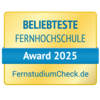 Beliebteste Fernhochschule Award 2025, verliehen von FernstudiumCheck.de. Das Design ist in Gelb und Blau gehalten.