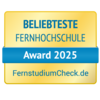 Beliebteste Fernhochschule Award 2025, verliehen von FernstudiumCheck.de. Das Design ist in Gelb und Blau gehalten.