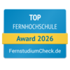 Top Fernhochschule Award 2026 von FernstudiumCheck.de, ausgezeichnet für herausragende Leistungen in der Fernbildung.