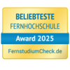 Beliebteste Fernhochschule Beliebteste Fernhochschule Award 2025, verliehen von FernstudiumCheck.de. Das Design ist in Gelb und Blau gehalten.