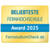 Beliebteste Fernhochschule Award 2025, verliehen von FernstudiumCheck.de. Das Design ist in Gelb und Blau gehalten.