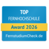Top Fernhochschule 2026 Top Fernhochschule Award 2026 von FernstudiumCheck.de, ausgezeichnet für herausragende Leistungen in der Fernbildung.
