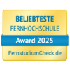 Beliebteste Fernhochschule Beliebteste Fernhochschule Award 2025, verliehen von FernstudiumCheck.de. Das Design ist in Gelb und Blau gehalten.