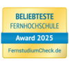 Beliebteste Fernhochschule Award 2025, verliehen von FernstudiumCheck.de. Das Design ist in Gelb und Blau gehalten.