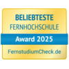 Beliebteste Fernhochschule Beliebteste Fernhochschule Award 2025, verliehen von FernstudiumCheck.de. Das Design ist in Gelb und Blau gehalten.