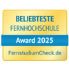 Beliebteste Fernhochschule Award 2025, verliehen von FernstudiumCheck.de. Das Design ist in Gelb und Blau gehalten.
