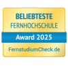 Beliebteste Fernhochschule Beliebteste Fernhochschule Award 2025, verliehen von FernstudiumCheck.de. Das Design ist in Gelb und Blau gehalten.