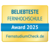 Beliebteste Fernhochschule Beliebteste Fernhochschule Award 2025, verliehen von FernstudiumCheck.de. Das Design ist in Gelb und Blau gehalten.