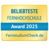 Beliebteste Fernhochschule Award 2025, verliehen von FernstudiumCheck.de. Das Design ist in Gelb und Blau gehalten.