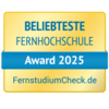 Beliebteste Fernhochschule Beliebteste Fernhochschule Award 2025, verliehen von FernstudiumCheck.de. Das Design ist in Gelb und Blau gehalten.