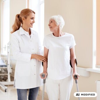Eine Klinikmitarbeiterin unterstützt eine ältere Patientin, die mit Gehhilfen steht. Beide lächeln sich an, während sie in einem hellen Raum stehen. (KI modifiziert)