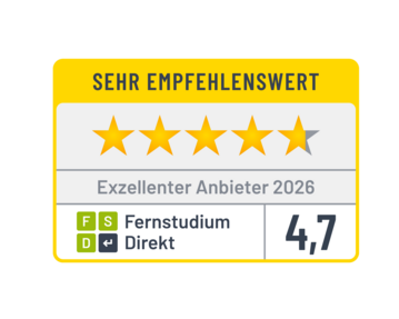 Exzellenter Anbieter 2026 Sehr empfehlenswertes Zertifikat mit vier vollen und einem halben Stern. Auszeichnung als exzellenter Anbieter 2025 für Fernstudium Direkt mit einer Bewertung von 4,6.