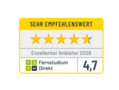 Exzellenter Anbieter 2025 Sehr empfehlenswertes Zertifikat mit vier vollen und einem halben Stern. Auszeichnung als exzellenter Anbieter 2025 für Fernstudium Direkt mit einer Bewertung von 4,6.