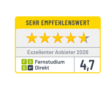 Sehr empfehlenswertes Zertifikat mit vier vollen und einem halben Stern. Auszeichnung als exzellenter Anbieter 2025 für Fernstudium Direkt mit einer Bewertung von 4,6.