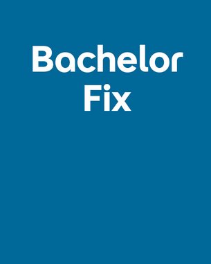 Bachelor Fix in großer, weißer Schrift auf einem blauen Hintergrund.