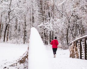 Eine Person in einem roten Oberteil joggt auf einem verschneiten Weg, der zu einer Brücke führt, umgeben von schneebedeckten Bäumen.