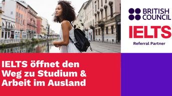 Frau mit Rucksack steht an einem Kanal, umgeben von bunten Gebäuden. Text betont, dass IELTS den Weg zu Studium und Arbeit im Ausland öffnet.