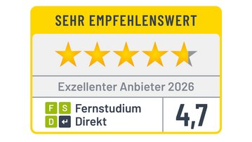 Sternenbewertung von 4,7 für "Fernstudium Direkt" als exzellenter Anbieter 2026, ausgezeichnet mit "sehr empfehlenswert".