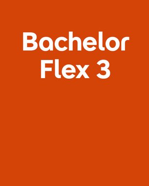 Bachelor Flex 3 in großer, weißer Schrift auf orangefarbenem Hintergrund.