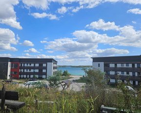 Zwei moderne Wohngebäude mit roten und schwarzen Fassaden, umgeben von Grünflächen, mit Blick auf einen blauen See und einen bewölkten Himmel.