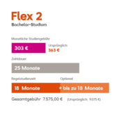 Flex 2 Tarifdetails: Monatliche Grundgebühr 303 €, Laufzeit 25 Monate, regulär 18 Monate, Gesamtkosten 7.877,00 €.