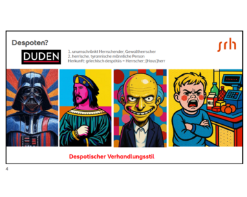 Vier Illustrationen von Figuren, die verschiedene Despoten darstellen, mit Definitionen und dem Begriff "Despotischer Verhandlungsstil".