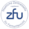 Logo der Deutschen Zentralstelle für Fernunterricht (ZFU) mit dem Schriftzug "ZFU" und dem Hinweis auf die Zulassung.