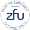 Logo der Deutschen Zentralstelle für Fernunterricht (ZFU) mit dem Schriftzug "ZFU" und dem Hinweis auf die Zulassung.