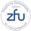 Logo der Deutschen Zentralstelle für Fernunterricht (ZFU) mit dem Schriftzug "ZFU" und dem Hinweis auf die Zulassung.