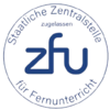 Logo der Deutschen Zentralstelle für Fernunterricht (ZFU) mit dem Schriftzug "ZFU" und dem Hinweis auf die Zulassung.