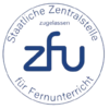 Logo der Deutschen Zentralstelle für Fernunterricht (ZFU) mit dem Schriftzug "ZFU" und dem Hinweis auf die Zulassung.